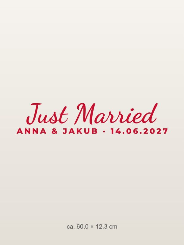 Naklejka na auto Just Married – z imionami i datą – czerwona folia na jasnym lakierze