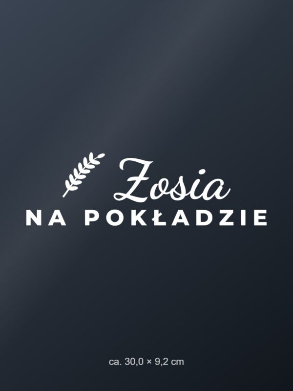 Naklejka na auto na pokładzie – z imieniem – biała folia na ciemnej szybie