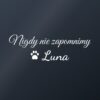 Naklejka na auto Nigdy nie zapomnimy – pupil z imieniem – biała folia na ciemnej szybie Naklejka na auto Nigdy nie zapomnimy – pupil z imieniem – biała folia na ciemnej szybie