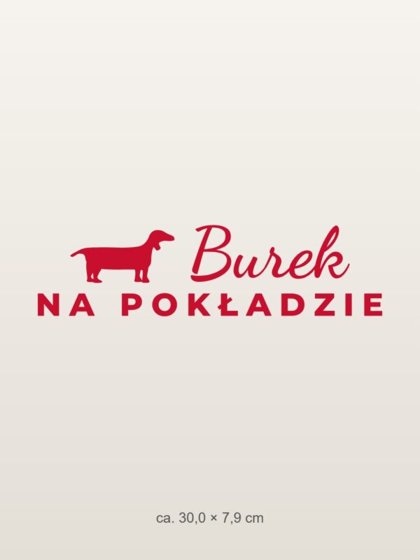 Naklejka na auto Pies na pokładzie – z imieniem i rasą – czerwona folia na jasnym lakierze