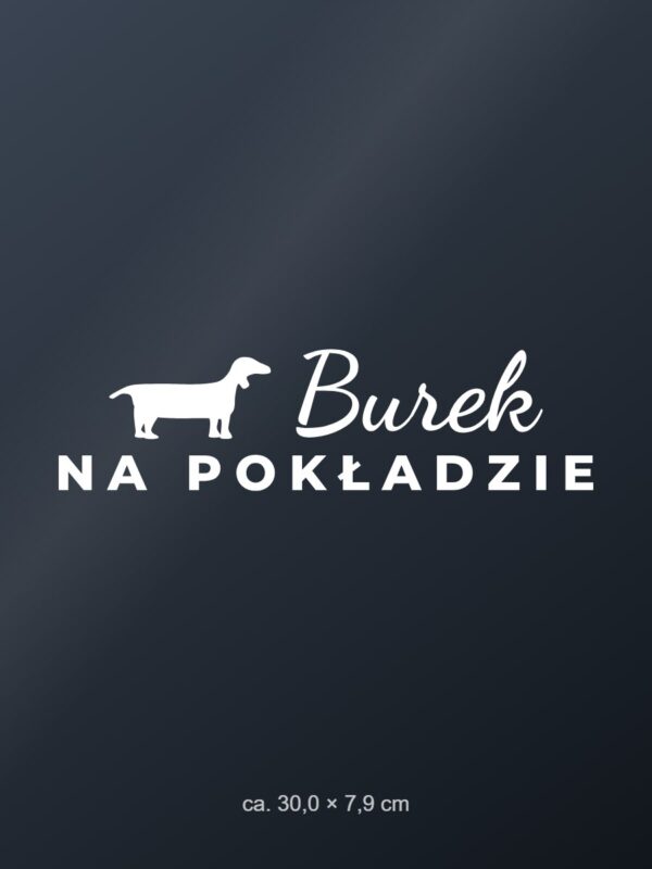 Naklejka na auto Pies na pokładzie – z imieniem i rasą – biała folia na ciemnej szybie