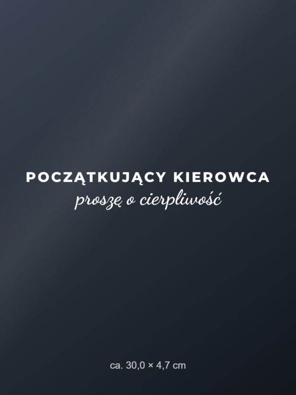 Naklejka na auto Początkujący kierowca – proszę o cierpliwość – biała folia na ciemnej szybie