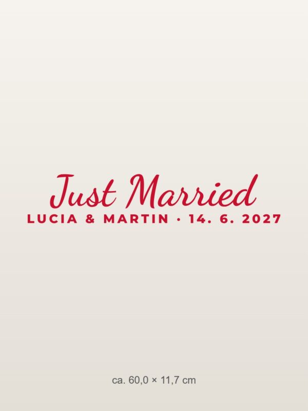 Nálepka na auto „Just Married – s menami a dátumom“ Nálepka na auto „Just Married – s menami a dátumom“