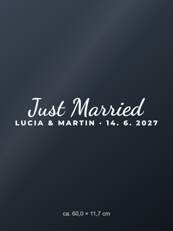 Nálepka na auto „Just Married – s menami a dátumom“