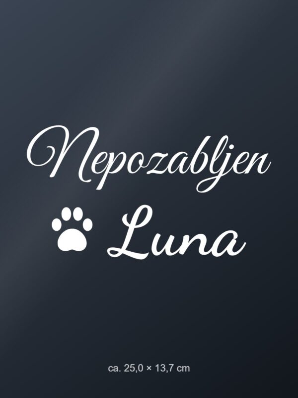 Nalepka za avto Nepozabljen – ljubljenček z imenom – bela folija na temnem steklu Nalepka za avto Nepozabljen – ljubljenček z imenom – bela folija na temnem steklu