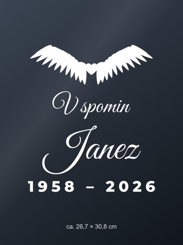 Nalepka za avto V spomin na – z angelskimi krili – bela folija na temnem steklu Nalepka za avto V spomin na – z angelskimi krili – bela folija na temnem steklu