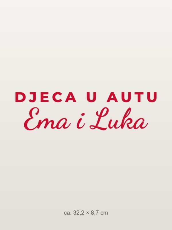 Naljepnica za auto Djeca u autu – s imenima – crvena folija na svijetlom laku Naljepnica za auto Djeca u autu – s imenima – crvena folija na svijetlom laku