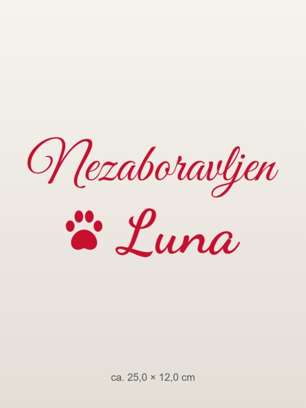 Naljepnica za auto Nezaboravljen – ljubimac s imenom – crvena folija na svijetlom laku