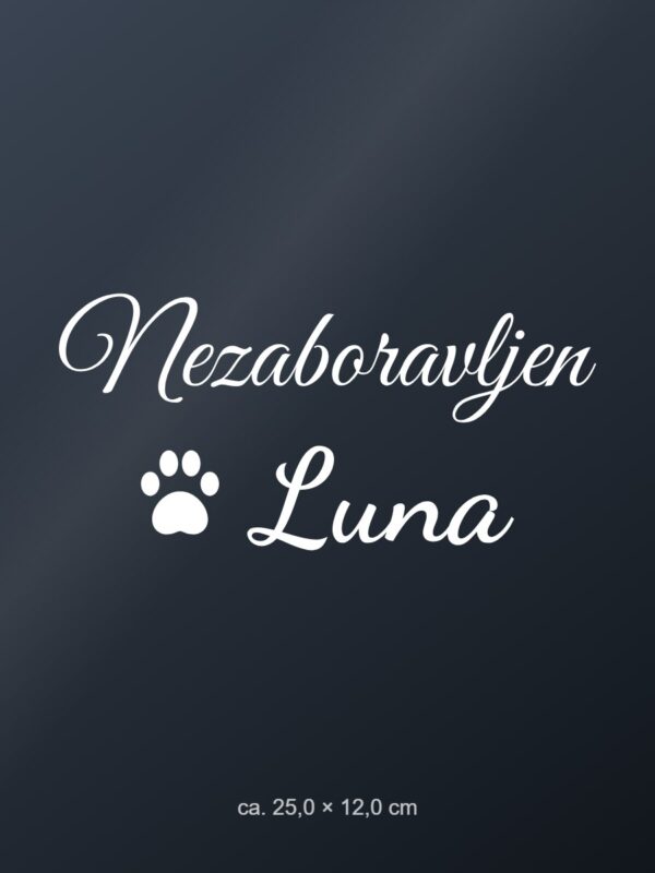 Naljepnica za auto Nezaboravljen – ljubimac s imenom – bijela folija na tamnom staklu Naljepnica za auto Nezaboravljen – ljubimac s imenom – bijela folija na tamnom staklu