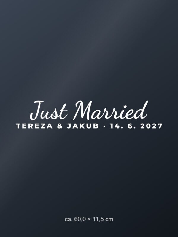 Samolepka na auto „Just Married – se jmény a datem“
